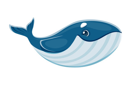 Cartoon whale, ocean animal happy character. Oceanarium aquarium marine mammal cheerful mascot. Big blue whale isolated vector cute character or ocean wildlife animal happy smiling personageのイラスト素材