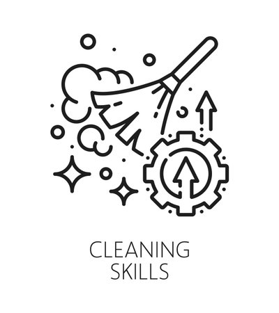 Cleaning life skills line icon or sign. People cleaning ability thin line vector sign, human potential lineart symbol. Personality life skills outline pictogram or icon with broom, dust and cogwheelのイラスト素材