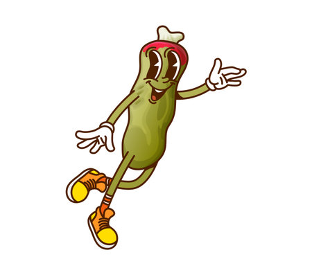 Cartoon groovy Halloween witch finger cookie character. Vector sweet candy retro personage with green skin, bone and blood. Smiling patisserie, pastry, funny dessert for kids trick or treat partyのイラスト素材