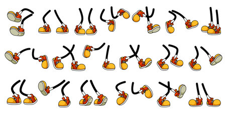 Cartoon mascot legs and foots. Vector set with playful pairs of cartoon legs in orange retro shoes performing varied movements and poses of character for animations or comic personage construction kitのイラスト素材