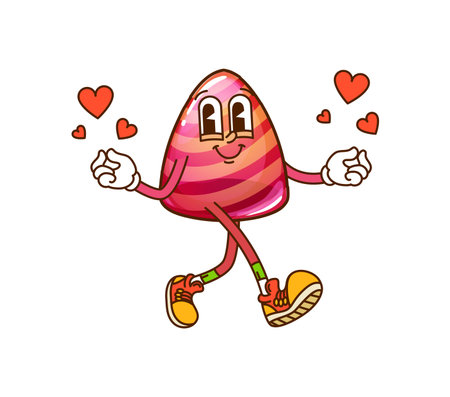 Cartoon groovy Halloween sweets and candy character. Isolated vector joyful pink striped confection retro personage spreading love and affection with a playful expression, surrounded by red heartsのイラスト素材