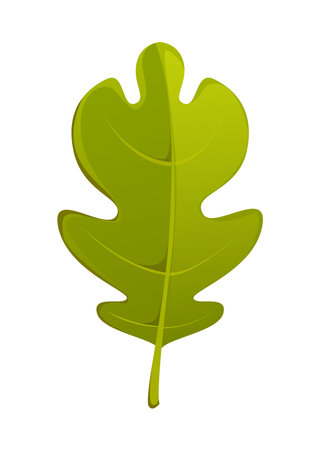 Cartoon autumn green oak leaf Happy Thanksgiving holiday symbol. Vector foliage captures the essence of fall season, evoking feelings of seasonal nostalgia, highlighting transition of autumnal natureのイラスト素材