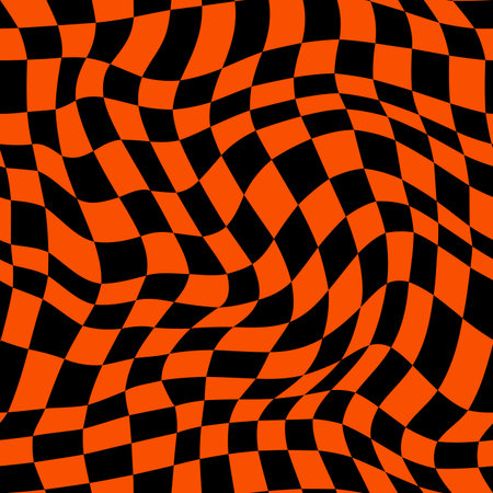 Halloween psychedelic wavy seamless pattern, optical illusion background. Vector distorted tile backdrop with black and orange mesmerizing swirls and checkers mesh, surreal and hypnotic ornamentのイラスト素材