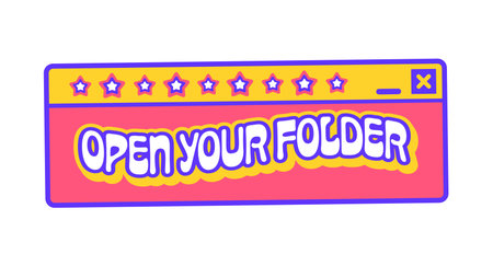 Computer window Y2K groovy sticker or vintage label. Digital technology Y2K vector patch, 1990s electronics funky tag. PC software sticker with open your folder quote or saying typographyのイラスト素材
