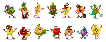 Groovy fruit Halloween wizard and sorcerer characters, vector berry personages. Cartoon retro groovy apple, orange, watermelon and pineapple, hippie banana, lemon and peach fruits with magic hatsのイラスト素材