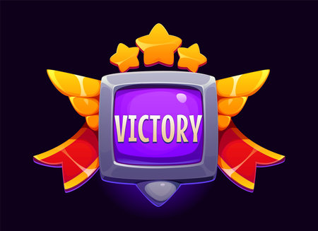 Victory award game icon. Vector Ui badge asset with purple square screen and word victory, golden wings, stars, bright red ribbons. Cartoon reward for arcade, mobile or online games win pop up screenのイラスト素材