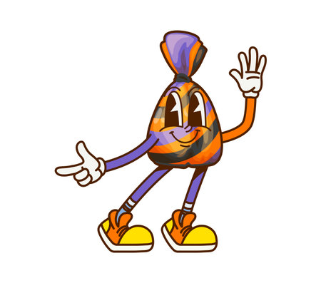Cartoon groovy Halloween sweet candy character. Vector funny truffle dessert, naughty retro pastry personage with striped wrap. Confectionery for kids trick or treat party,patisserie holiday snackのイラスト素材