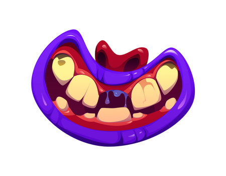 Halloween creepy drool monster smiling jaw. Evil animal isolated cartoon vector mouth sharp fangs, horror scary creature roaring maw or Halloween beast open jaw with missing tooth and dripping salivaのイラスト素材