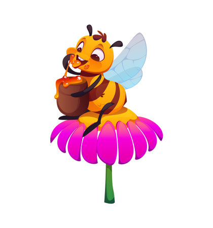 Cartoon cute bee character eating honey. Honey bee insect funny isolated vector character, apiary farm bug baby happy personage. Funny honeybee sitting of flower, eating honey from jar with handのイラスト素材