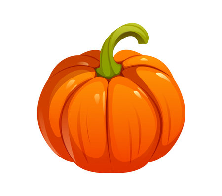 Bright orange cartoon pumpkin. Vector ripe gourd vegetable with a smooth, glossy surface and curved green stem, symbol of happy Thanksgiving holiday, seasonal autumn harvest and Halloween celebrationのイラスト素材