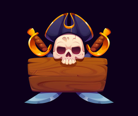 Wooden signboard with crossed sabres and pirate captain skull, vector game UI. Cartoon wood sign board with old plank texture, jolly roger with corsair tricorn hat and swords, pirate party signboardのイラスト素材