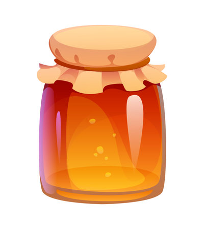 Cartoon glass jar filled with golden honey or syrup, sealed with a cloth lid. Happy Thanksgiving holiday and harvest symbol suggest sweetness and freshness, for culinary, apiary or breakfast themeのイラスト素材