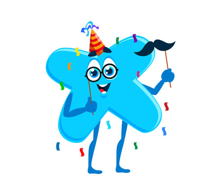 Math symbol in birthday hat for holiday celebration cartoon character, vector multiplication sign. Funny mathematical sign character with happy face, birthday cap and mustaches mask prop for partyのイラスト素材