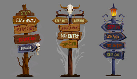 Scary Halloween holiday sign boards with cartoon spooky skulls, spider and cobweb. Vector old wooden posts and vintage rusty metal street lamp with beware, danger, stop and stay away warning signsのイラスト素材