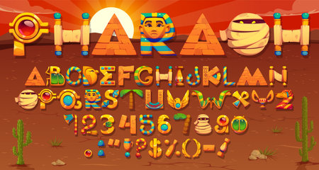 Ancient Egyptian font or pharaoh typeface and cartoon mythology type, vector arcade game alphabet. Ancient Egypt font letters of pharaoh pyramid and mummy with scarab and papyrus hieroglyphs typefaceのイラスト素材