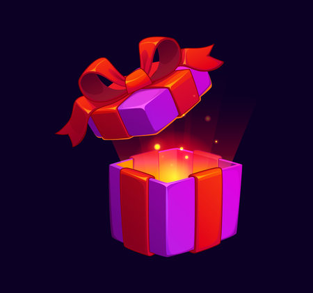 Gift box game icon with magic shine for bonus award or GUI asset, cartoon vector. Purple gift box with opening lid for game prize or surprise present and level complete reward with golden light glowのイラスト素材