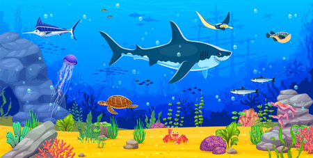 Underwater landscape game background with shark and manta ray, cartoon vector. Turtle and marlin animal characters with fishes and sunken ship or boat for undersea world or underwater game landscapeのイラスト素材