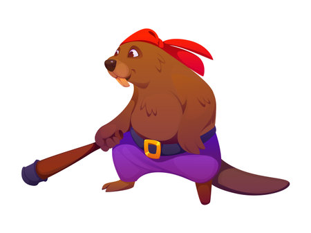 Cartoon beaver pirate or corsair animal character in bandana, vector funny personage. Caribbean pirate beaver or corsair and filibuster with club weapon and cheerful smile as marine pirate characterのイラスト素材