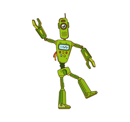 Cartoon groovy robot character with green body and one big eye. Vector comic dancing y2k droid with antenna, control panel and jointed arms. Funny retro personage in motion with vintage hippie vibeのイラスト素材
