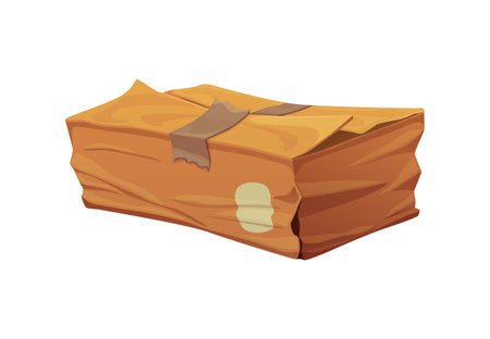 Damaged and ripped package cardboard box. Destroyed wet cargo container, damaged dirty isolated cartoon vector cardboard paper parcel. Broken crushed shipping package or ripped crumpled delivery boxのイラスト素材