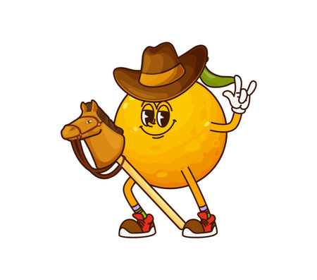 Cartoon groovy orange cowboy or fruit sheriff and Western bandit, vector funny character. Groovy orange fruit in cowboy sombrero riding toy horse on stick, Wild West sheriff or funky ranger characterのイラスト素材