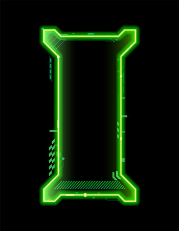 Neon frame for game asset and HUD interface overlay template, vector digital screen UI element. Neon frame for game GUI asset or HUD interface future tech control panel and display message box frameのイラスト素材