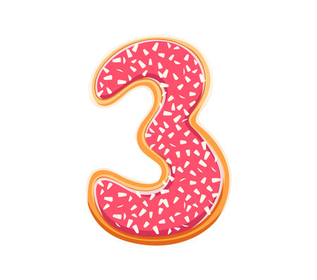 Cafe dessert font glazed cookie digit 3 three. Pastry and confectionery math typeface figure, bakery vector kids ABC type numeral symbol. Dessert mathematics typeface number or alphabet font digitのイラスト素材