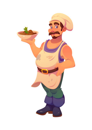 Pirate ship crew character or cartoon cheerful corsair cook, vector personage. Funny pirate cook or marine kitchen chef man in toque hat and apron with food dish and smile, Caribbean pirate characterのイラスト素材
