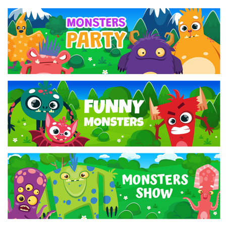 Funny cartoon monster characters and little alien animals for kids, vector banners. Monsters party show with cute funny goblins and ogres, devil and slime or yeti with silly face in fairy tale forestのイラスト素材