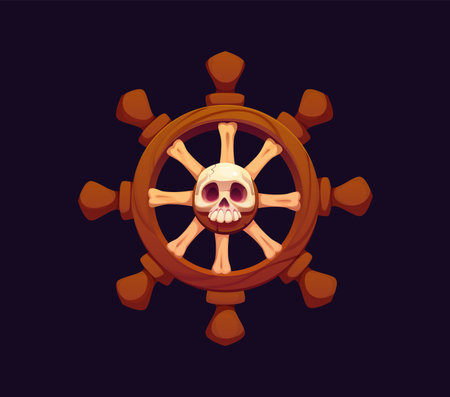 Cartoon pirate icon, corsair ship helm with skull of Jolly roger, vector symbol. Caribbean adventure pirate or corsair sailboat wheel or boat ship, wooden helm or rudder steer for pirates seafaringのイラスト素材