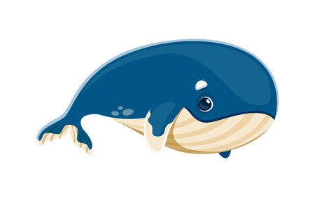 Cartoon whale character for kids mascot of sea animal or ocean fish, vector icon. Blue whale with cute funny face, underwater and undersea cartoon animal character with happy, cheerful or shy lookのイラスト素材