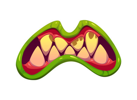 Halloween scary monster jaw with clenched teeth. Scary beast or creepy monster isolated cartoon vector jaw sharp fangs, horror creature, evil reptile animal roaring maw with green lips and dirty teethのイラスト素材
