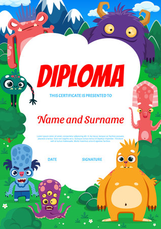 Kids diploma with funny cartoon monster characters for certificate award, vector template. Diploma certificate with funny monsters, goblins and yeti or spooky ogre creatures for school or kindergartenのイラスト素材