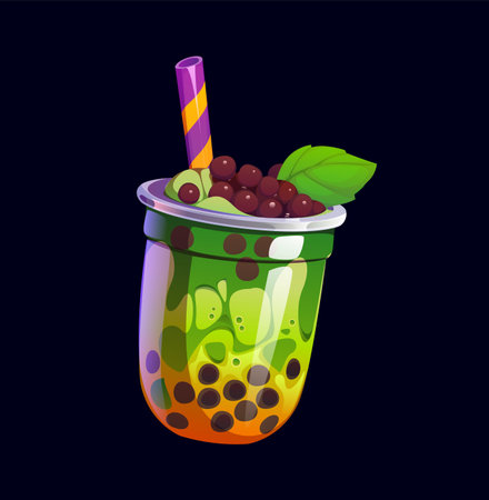 Milk bubble tea, milkshake drink in glass cup with mint leaves, vector cartoon dessert. Milk bubble tea or sweet beverage with boba pearls and matcha tea flavor for milkshake or dessert drinks menuのイラスト素材