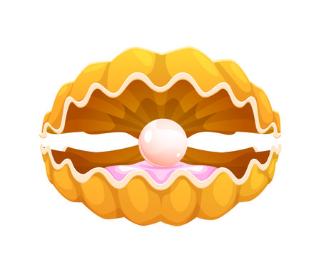 Pearl shell or scallop oyster with pearl, cartoon seashell with treasure jewelry, isolated vector. Open scallop shell or yellow mother pearl seashell with pearl ball for undersea or underwater molluskのイラスト素材
