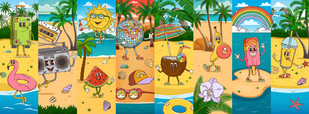 Cartoon groovy travel and vacation characters collage at sea beach, vector background. Funny groovy coconut, ice cream and disco ball or banana fruit with funky face at summer beach on sea vacationsのイラスト素材