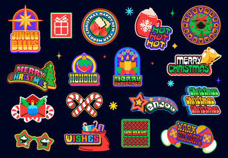 Christmas winter y2k groovy stickers, new year funky patch labels set featuring festive gifts, candy canes, wreaths, mugs, pine trees and retro text. Vector funky,holiday patches, badges and decorのイラスト素材