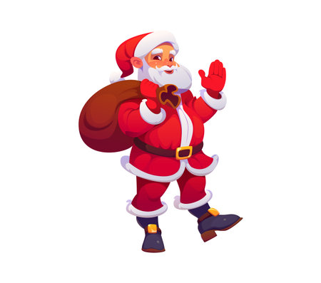 Cartoon Christmas Santa Claus character with bag of gifts for winter holiday, vector personage. Happy Santa with smile and Hi greeting hand, cartoon character for Merry Christmas and New Year holidayのイラスト素材