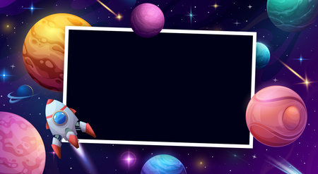 Galaxy space birthday photo frame. Cartoon kids space background with rocket, planets and stars. Vector border with cosmos and flying shuttle in purple starry sky. Template with starship in Universeのイラスト素材