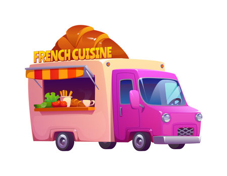 Cartoon food truck or vintage festival street foodtruck with croissant, vector car. French cuisine street food truck or cafe foodtruck with coffee and croissant dessert, bakery pastry street foodのイラスト素材