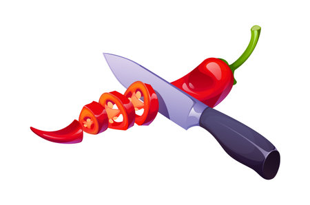 Chili pepper cutting icon for kitchen utensil and cooking process, cartoon vector. Red chili pepper cutting with knife into slices for food cook process, preparation utensil and kitchenware equipmentのイラスト素材