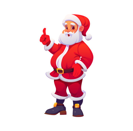 Cartoon Christmas Santa Claus character with pointing up finger gesture, exudes festive holiday cheer. Vector joyful father Noel personage in a traditional red attire, ready for Xmas eve celebrationのイラスト素材
