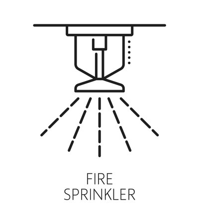 Fire sprinkler home security device line icon or pictogram. Building safety equipment lineart vector symbol, security electronics linear sign. Fire protection device icon with fire sprinkler headのイラスト素材