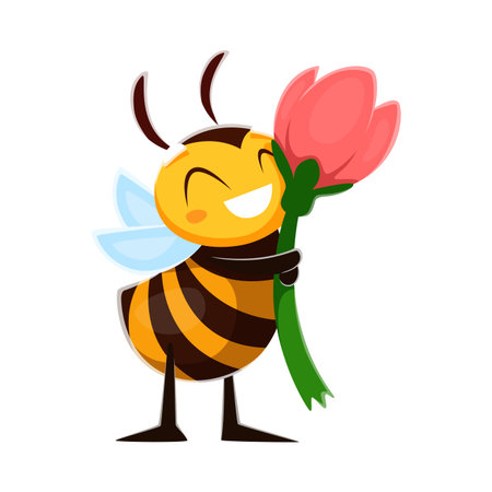 Cartoon honey bee funny character with flowers and happy face, vector little honeybee. Cute bee embracing flower with love for honey, bumblebee from beehive insect cheerful character for kids mascotのイラスト素材