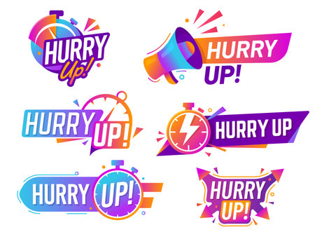 Hurry up icons set, vector labels with stopwatch, megaphone and dynamic shapes in bold gradient colors, convey urgency, speed and energetic action in promotional, sale or marketing last minute offersのイラスト素材