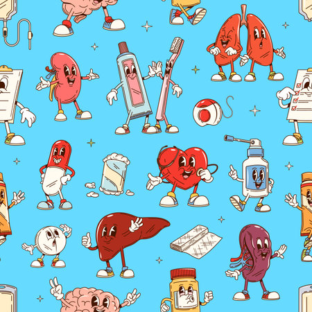Groovy medicine characters seamless pattern. Fabric seamless print, textile or wrapping paper pattern with medicine pills and ointments, human organs, prescription and oral care groovy cute personagesのイラスト素材