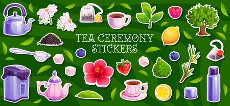 Herbal, fruit and berry cartoon tea stickers pack. Kettle and teapot, hot water dispenser and vacuum flask. Lemon, bergamot, raspberry, blueberry and hibiscus flower, green tea leaves vector stickersのイラスト素材