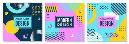 Memphis square cover with abstract geometric shapes. Modern banner templates, feature vibrant colors and bold patterns in retro modern style of 1980s. Vector playful cards or story postsのイラスト素材