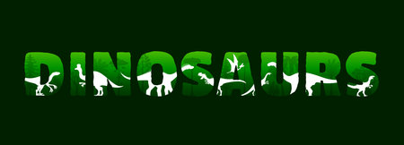 Dinosaur characters silhouettes at sunset in jungle forest. Vector double exposure dinosaur quote with dino animals and trees silhouettes. Jurassic velociraptor, corythosaurus and eoraptor at sunsetのイラスト素材