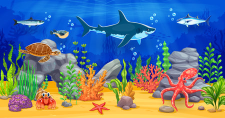 Ocean underwater game background with sea animals. Vector location level map landscape with cartoon shark, fish shoals and turtle, tuna, crab and octopus swimming between seaweeds on the seafloorのイラスト素材